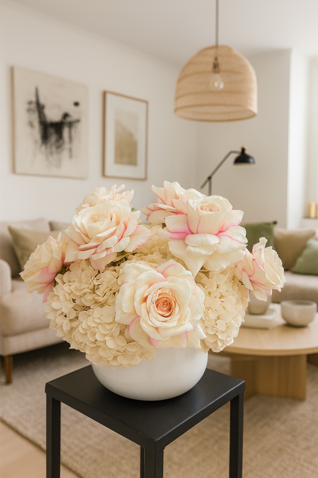 Mae is a sophisticated artificial floral arrangement combining our Bianca Hydrangea with bold Large Cali Roses. Crafted as a complete 360-degree design, it’s the perfect centrepiece for dining spaces, offering beauty from every angle.